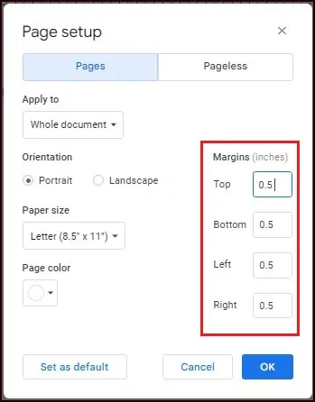 Adjust Margin Through Page Setup in Google Docs
